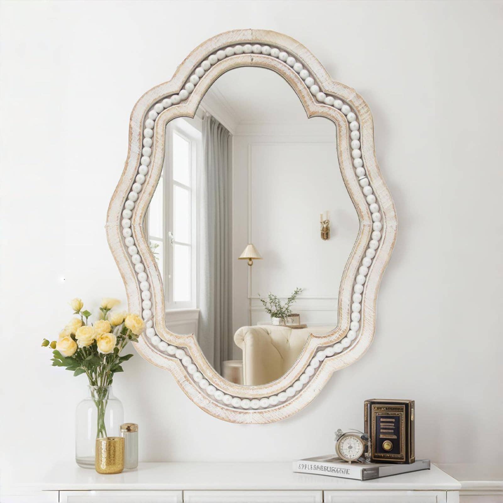 Whitewash Beaded Wall Mirror, 27.125"