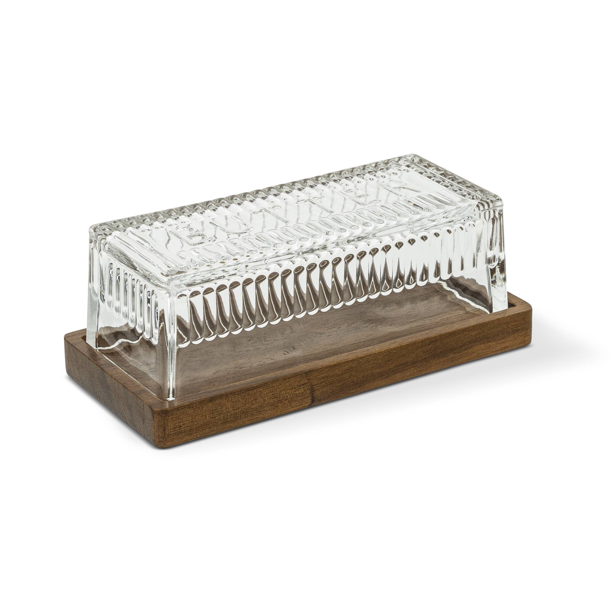 Ribbed Glass Butter Dish with Acacia Base